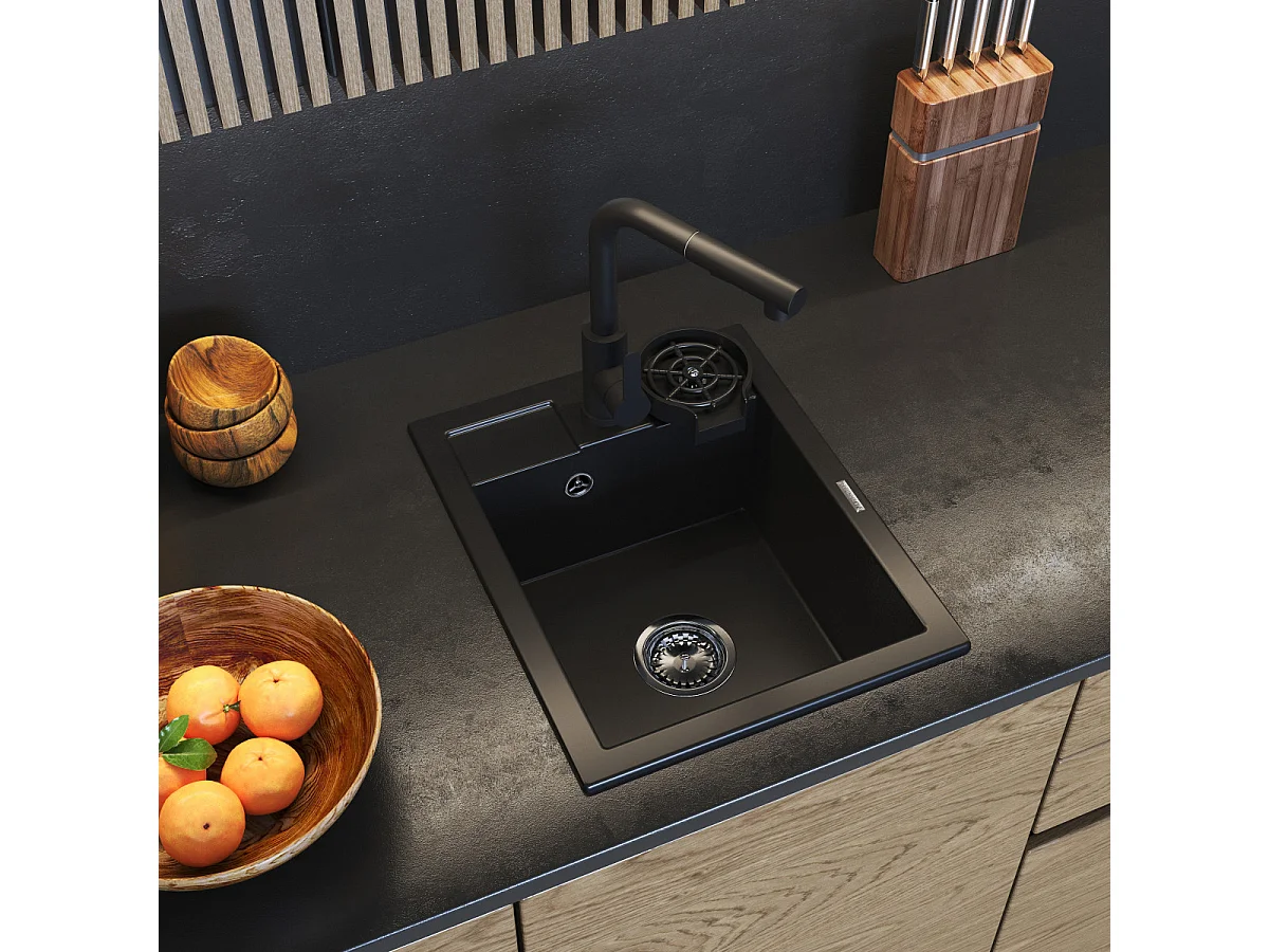 ÉVIER EN GRANIT NOIR ROBINET DE CUISINE LAVE-LINGE SIPHON SET BEST