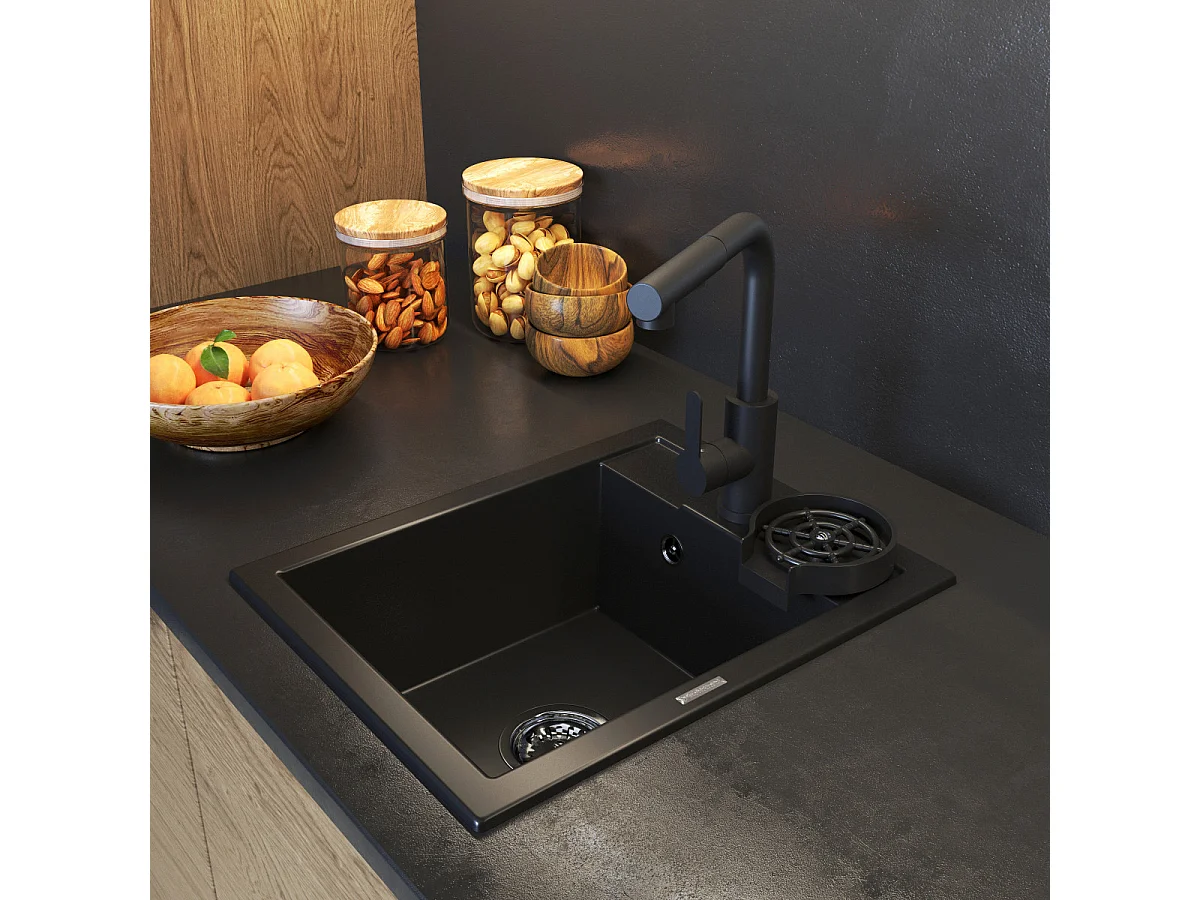 ÉVIER EN GRANIT NOIR ROBINET DE CUISINE LAVE-LINGE SIPHON SET BEST