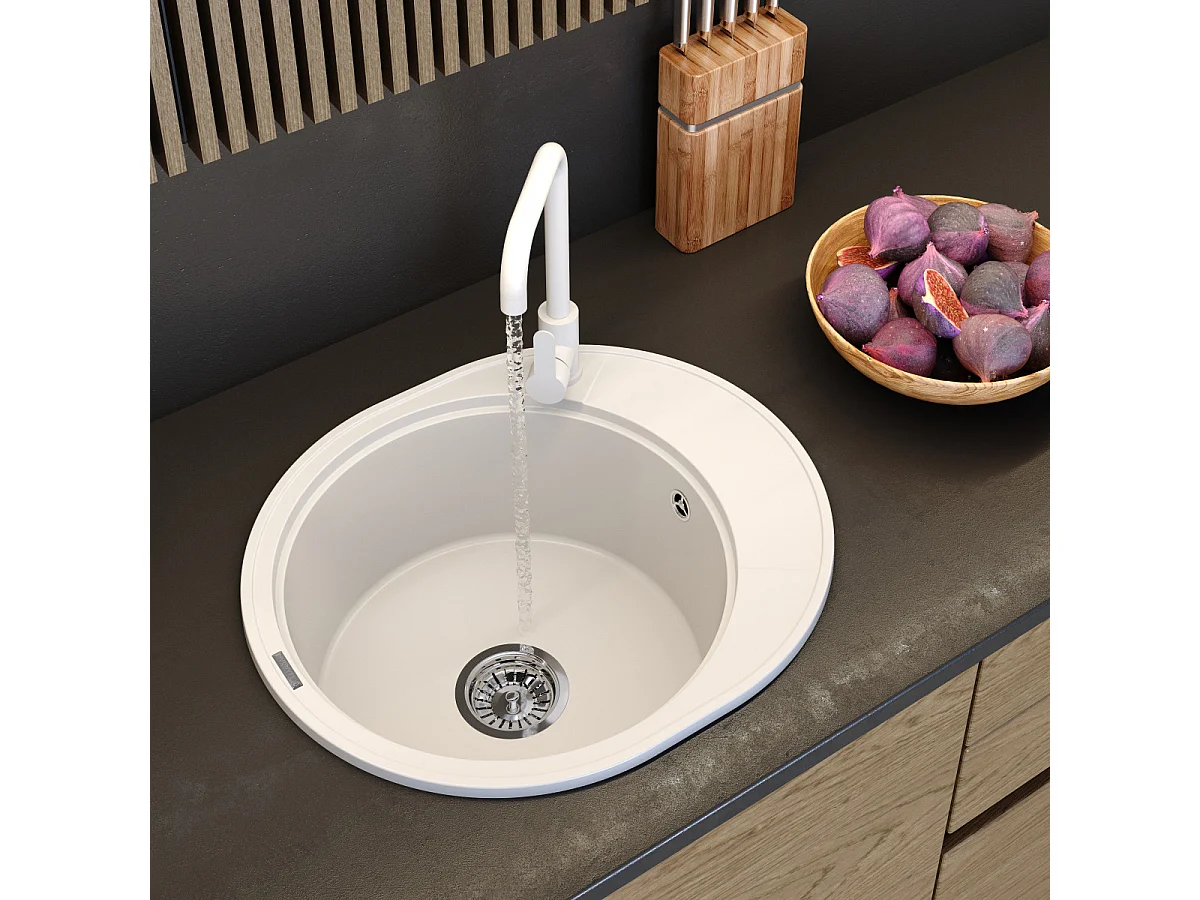 ÉVIER DE CUISINE ROND EN GRANIT À UN BAC ÉGOUTTOIR SIPHON NOIR RAMIS