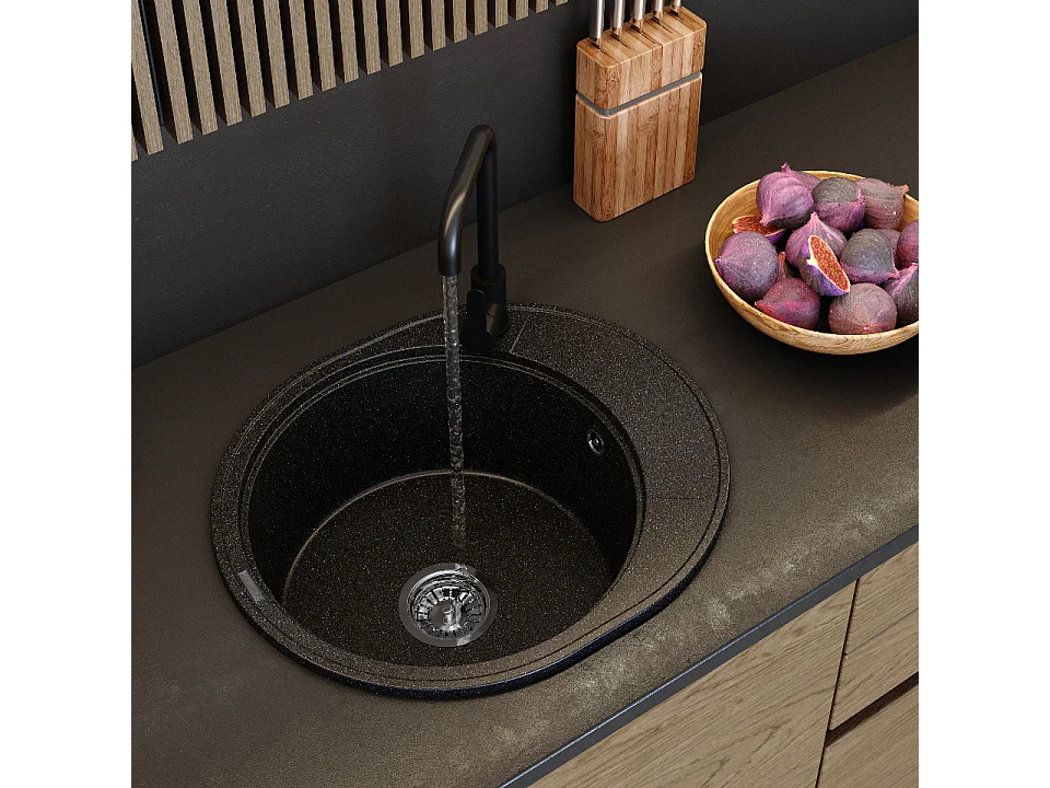 ÉVIER DE CUISINE ROND EN GRANIT À UN BAC ÉGOUTTOIR SIPHON NOIR RAMIS