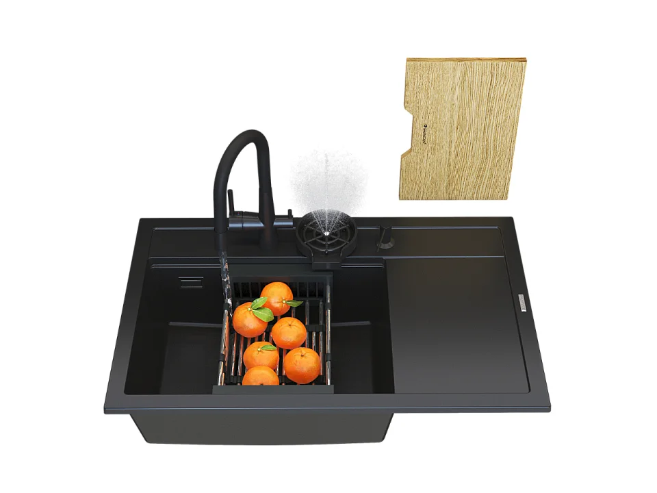 Evier en granit noir Rendo KIT robinet filtre égouttoir lave-linge