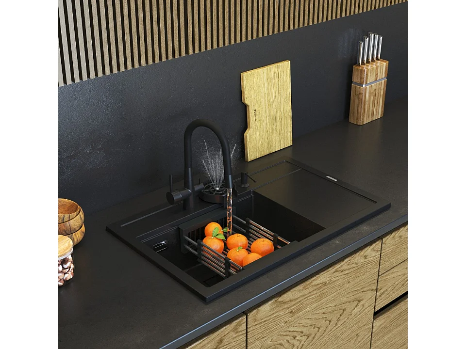 Evier en granit noir Rendo KIT robinet filtre égouttoir lave-linge