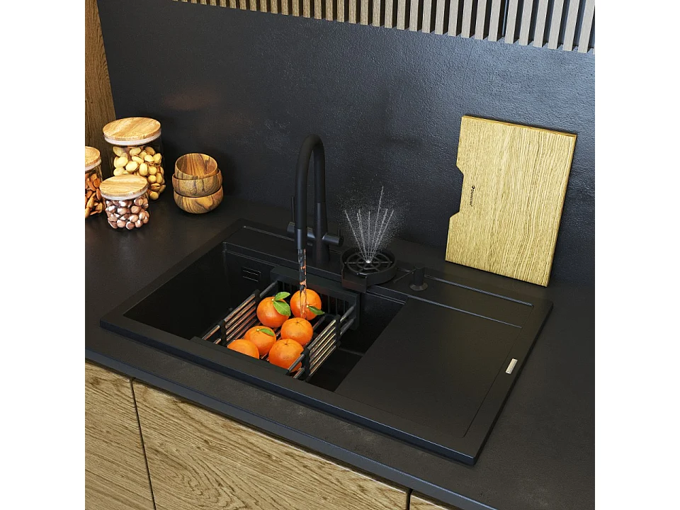Evier en granit noir Rendo KIT robinet filtre égouttoir lave-linge