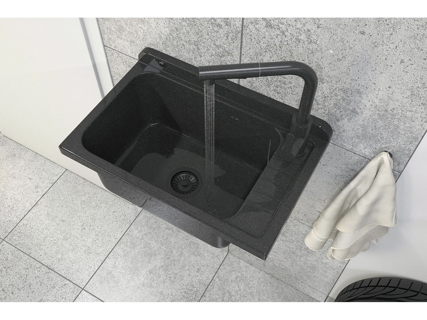 ÉVIER UTILITAIRE BOL NOIR ROBINET BEC EXTRACTIBLE BUANDERIE GARAGE MONZA