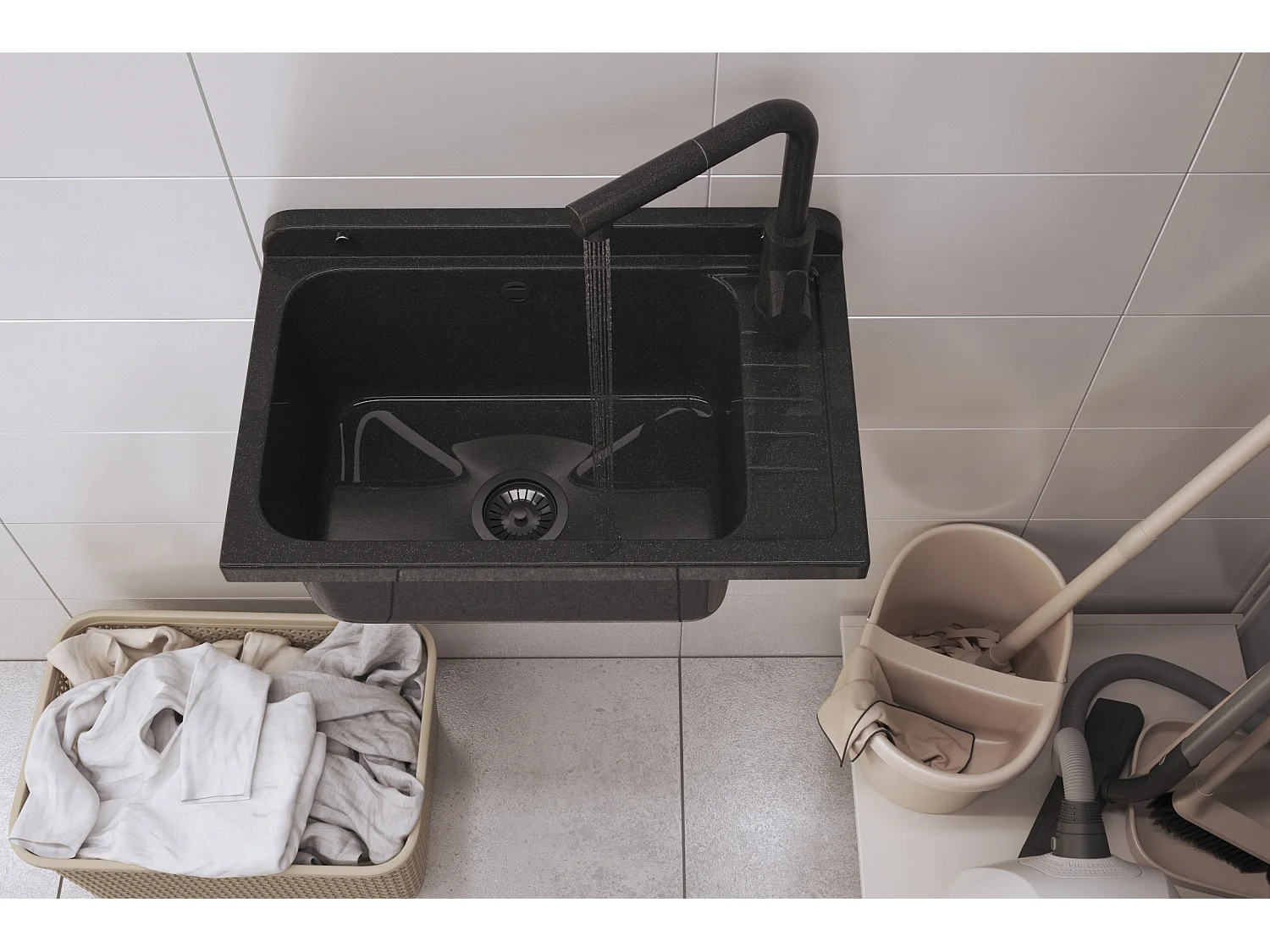 ÉVIER UTILITAIRE BOL NOIR ROBINET BEC EXTRACTIBLE BUANDERIE GARAGE MONZA