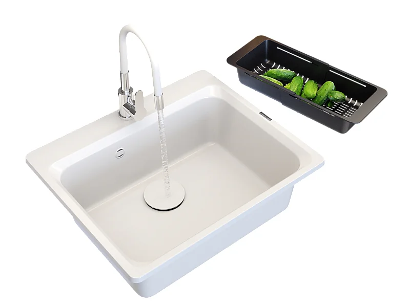 ÉVIER EN GRANIT ROBINET DE CUISINE BLANC PANIER CAPUCHON SET ZANTE