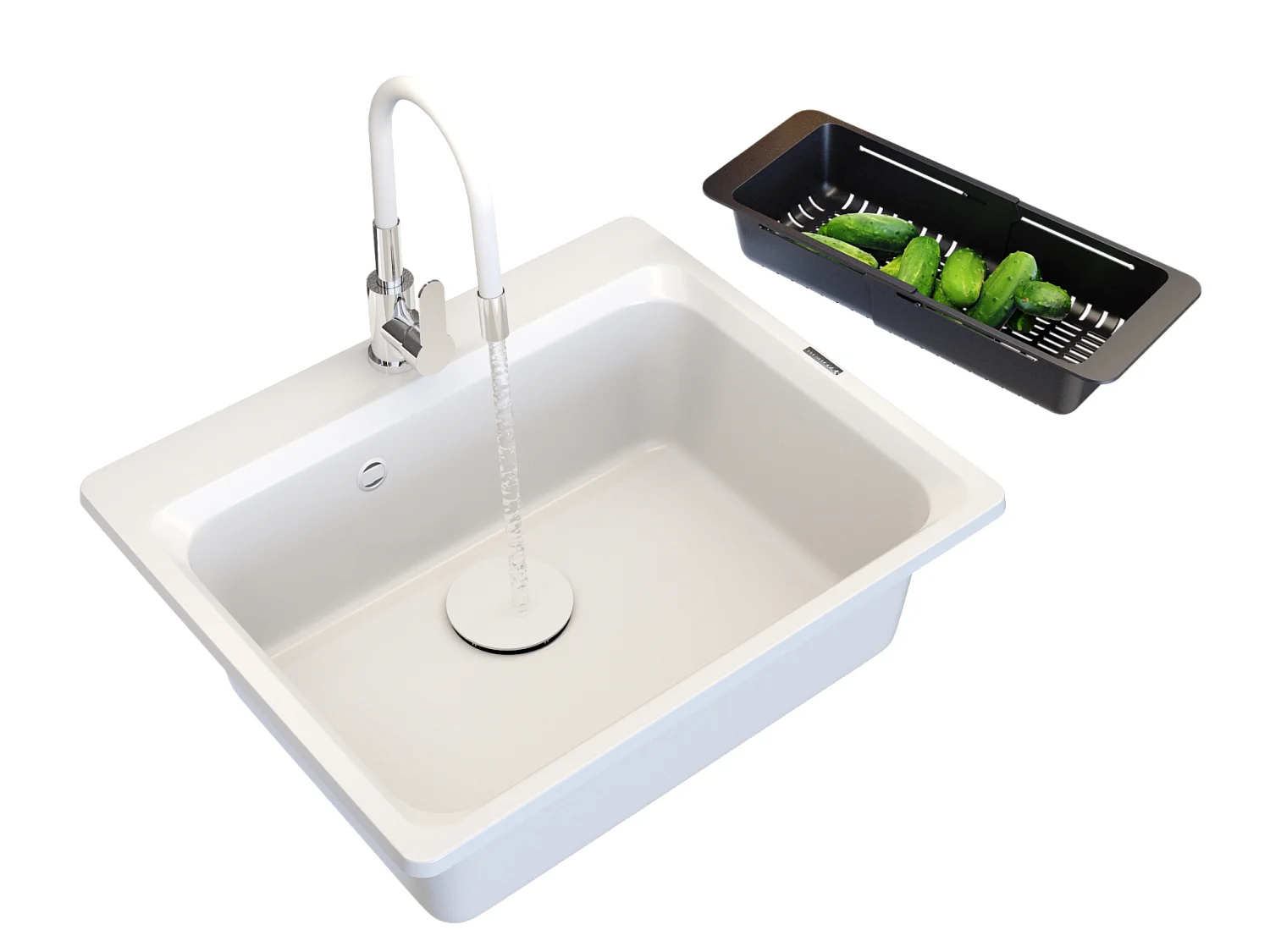 ÉVIER EN GRANIT ROBINET DE CUISINE BLANC PANIER CAPUCHON SET ZANTE