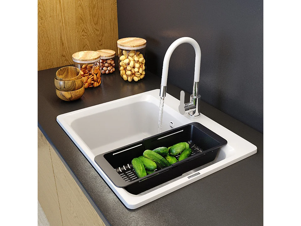 ÉVIER EN GRANIT ROBINET DE CUISINE BLANC PANIER CAPUCHON SET ZANTE