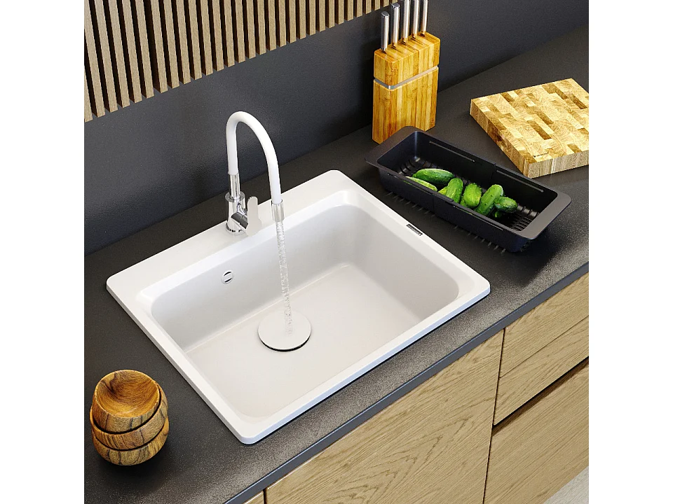 ÉVIER EN GRANIT ROBINET DE CUISINE BLANC PANIER CAPUCHON SET ZANTE