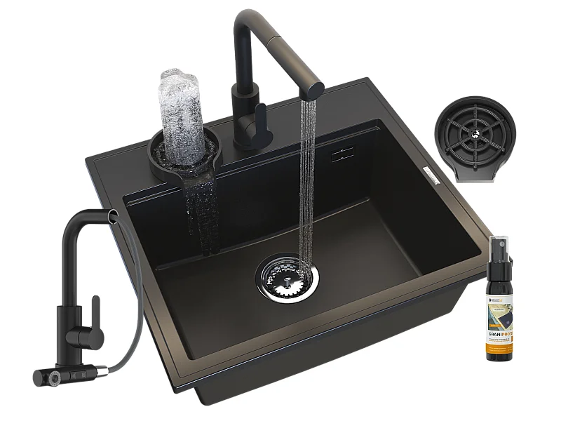 ÉVIER EN GRANIT NOIR À UNE CUVE ROBINETTERIE DE CUISINE LAVEUSE DE SIPHON SET FOXAL