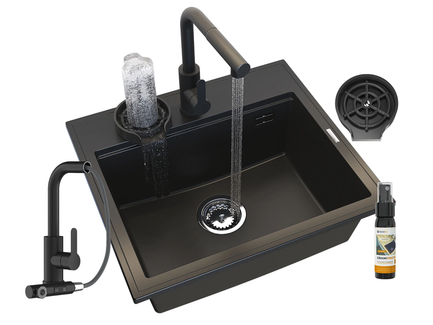 ÉVIER EN GRANIT NOIR À UNE CUVE ROBINETTERIE DE CUISINE LAVEUSE DE SIPHON SET FOXAL