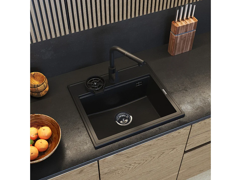 ÉVIER EN GRANIT NOIR À UNE CUVE ROBINETTERIE DE CUISINE LAVEUSE DE SIPHON SET FOXAL