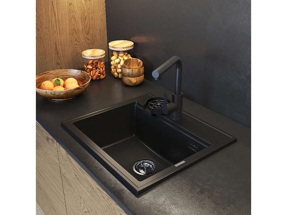 ÉVIER EN GRANIT NOIR À UNE CUVE ROBINETTERIE DE CUISINE LAVEUSE DE SIPHON SET FOXAL