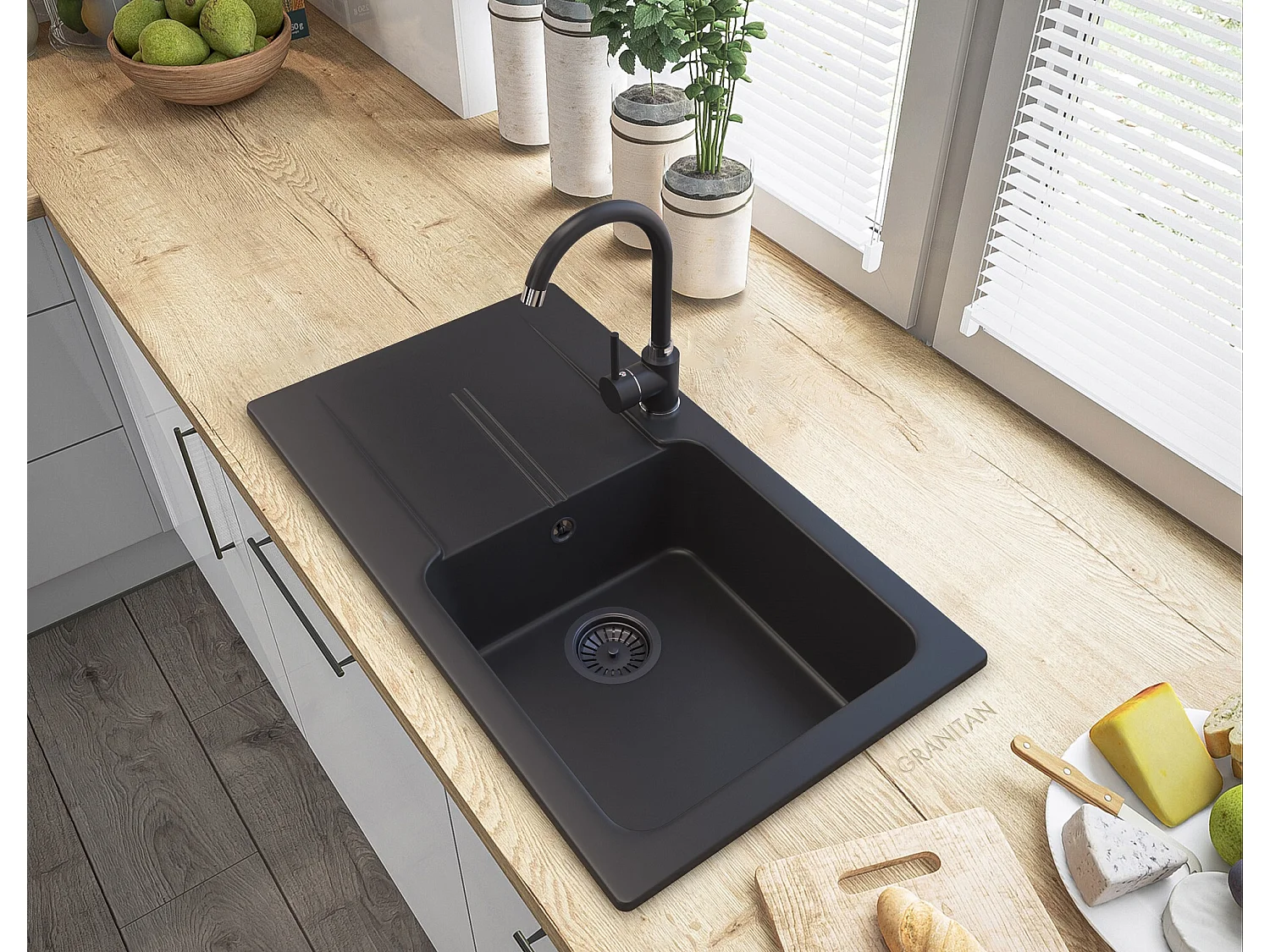 GRANIT NOIR ÉVIER TASOS + MITIGEUR BETA + SIPHON