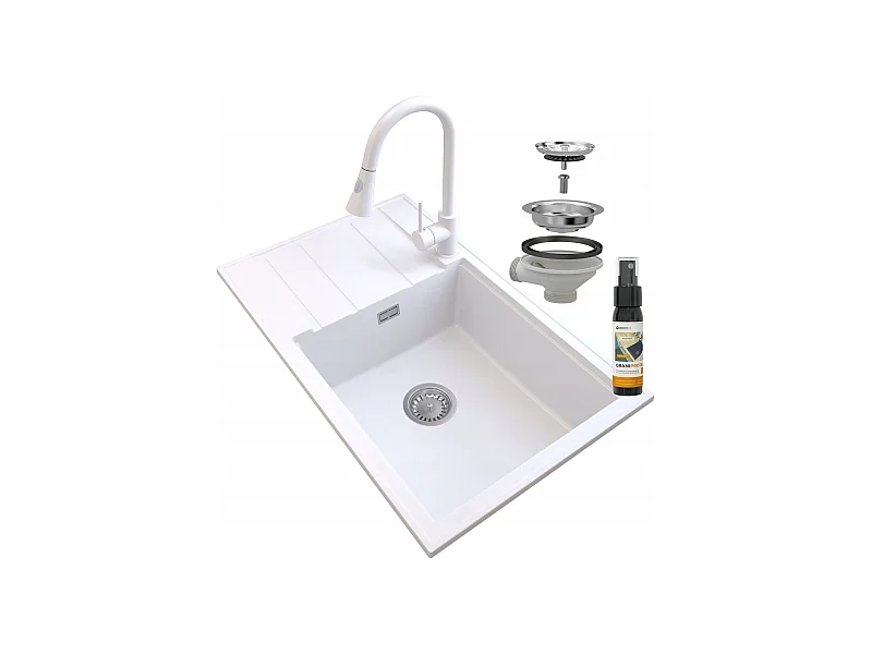 ÉVIER EN GRANIT BLANC LOUIS CHROME SIPHON BAT SNAKE