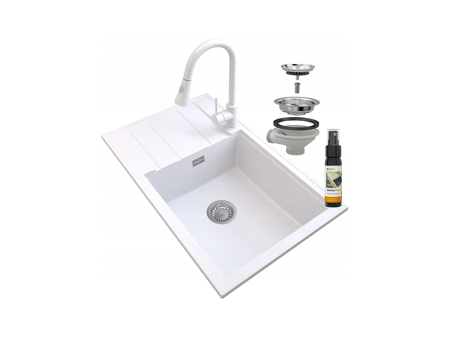 ÉVIER EN GRANIT BLANC LOUIS CHROME SIPHON BAT SNAKE