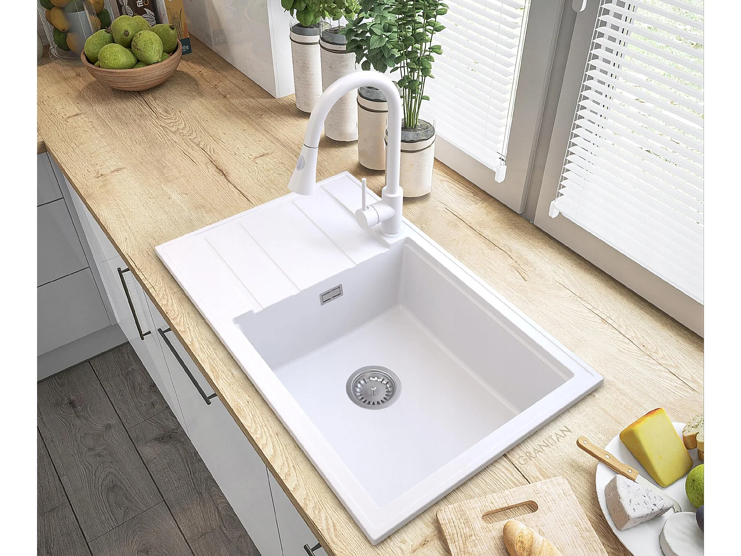 ÉVIER EN GRANIT BLANC LOUIS CHROME SIPHON BAT SNAKE