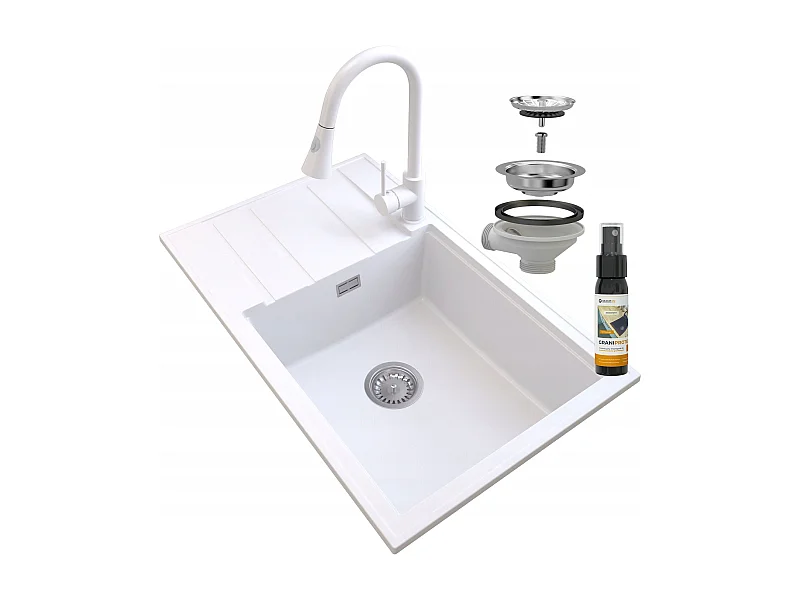 ÉVIER EN GRANIT BLANC LOUIS CHROME SIPHON BAT SNAKE