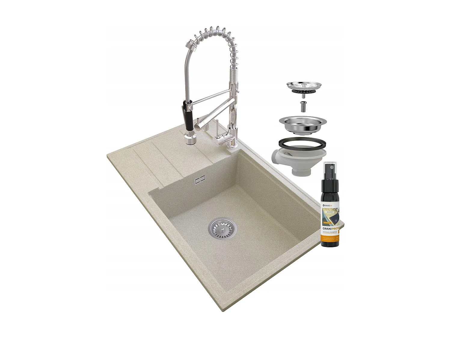 ÉVIER EN GRANIT BEIGE LOUIS SIPHON BAT SPIRAL CHROME