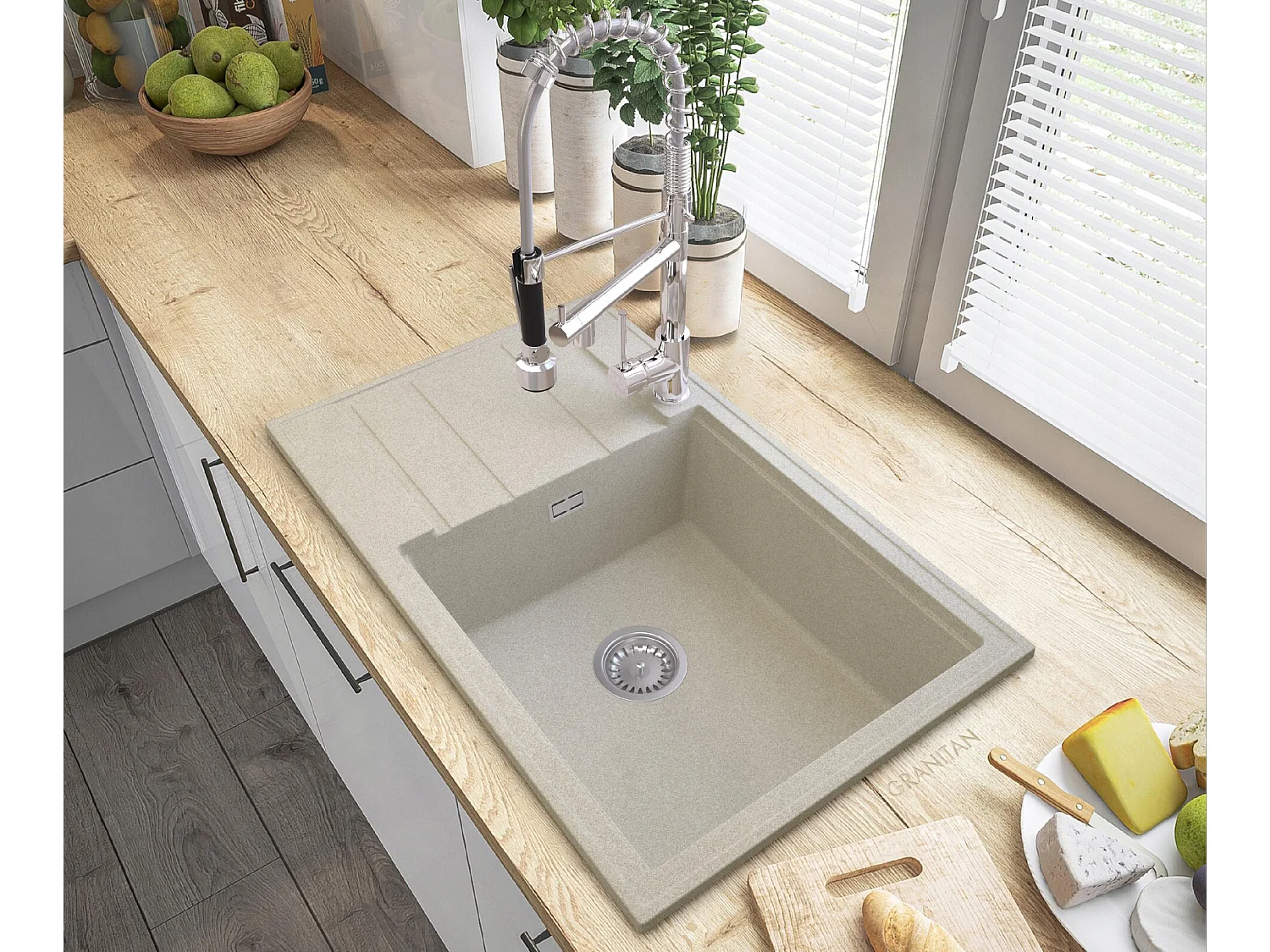 ÉVIER EN GRANIT BEIGE LOUIS SIPHON BAT SPIRAL CHROME