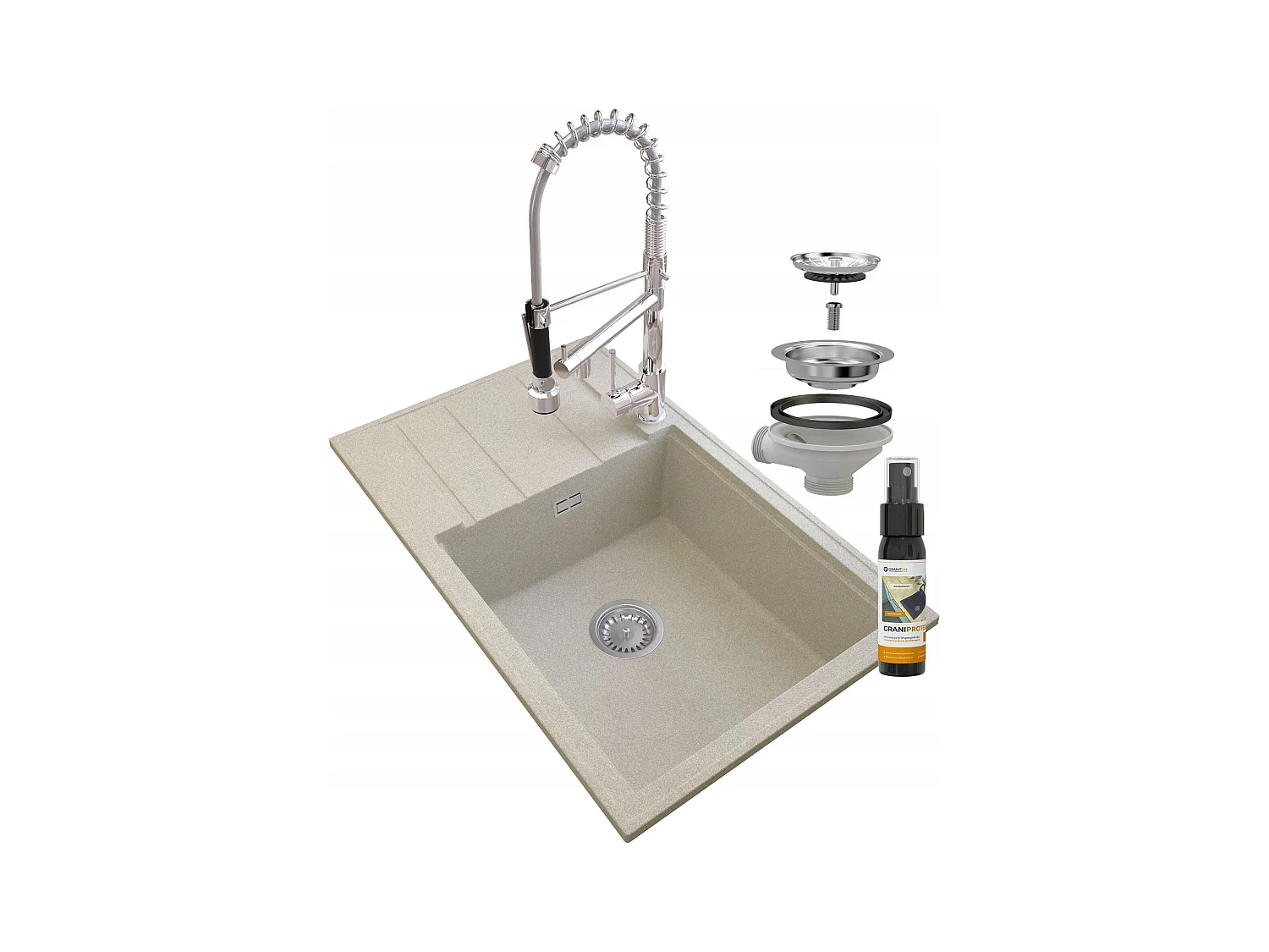 ÉVIER EN GRANIT BEIGE LOUIS SIPHON BAT SPIRAL CHROME