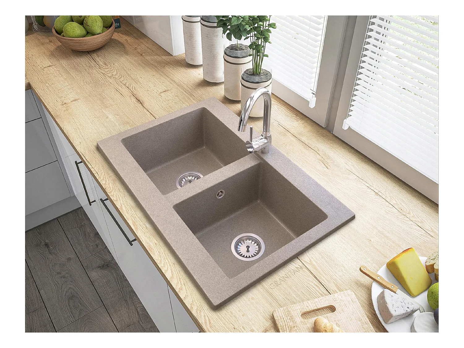 ÉVIER DOUBLE BAC EN GRANIT VERSO + ROBINETTERIE