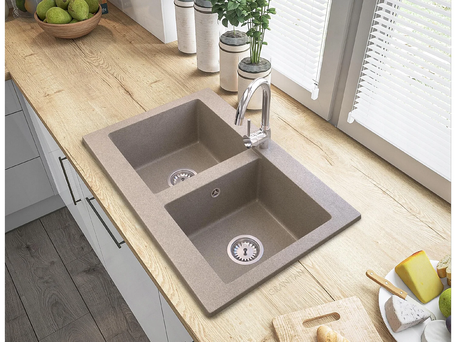 ÉVIER DOUBLE BAC EN GRANIT VERSO + ROBINETTERIE