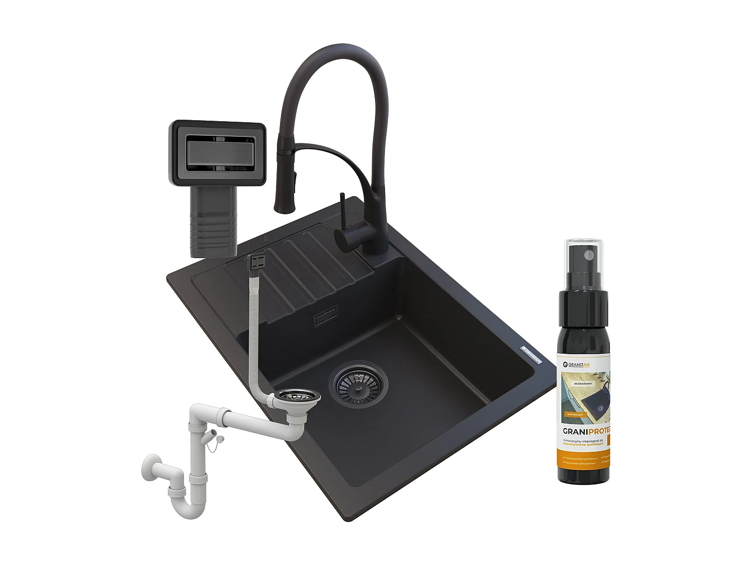 ÉVIER GRANIT NOIR ARGOS + MITIGEUR NEXO + SIPHON