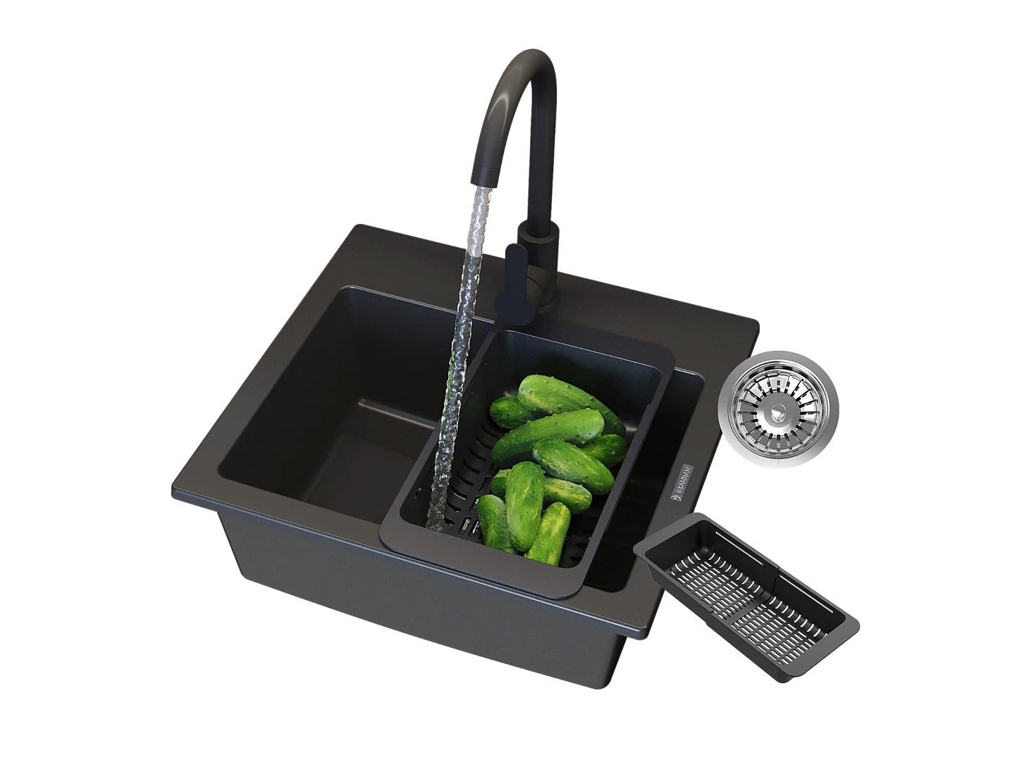 ÉVIER EN GRANIT ROBINET DE CUISINE NOIR PANIER SIPHON CHROME GRANITAN TEOR