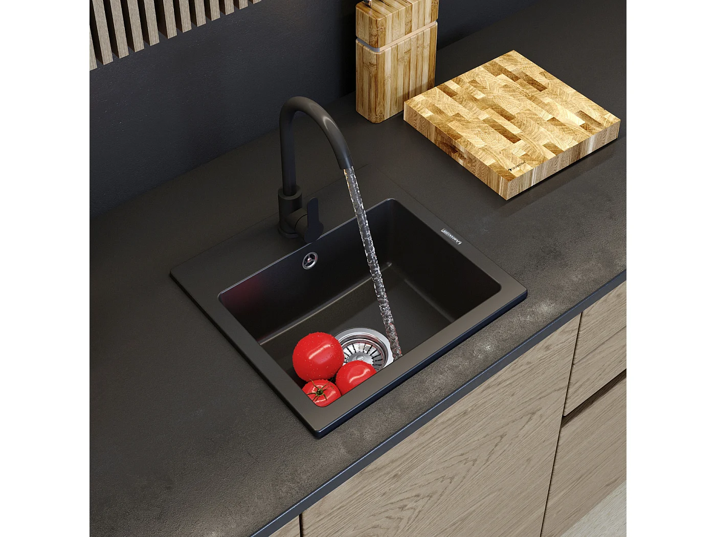 ÉVIER EN GRANIT ROBINET DE CUISINE NOIR PANIER SIPHON CHROME GRANITAN TEOR