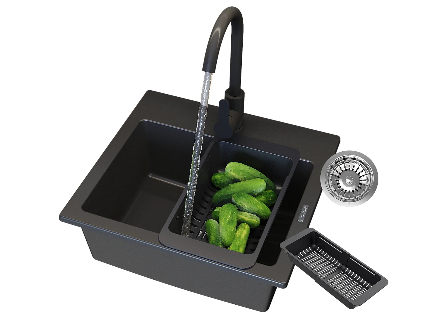 ÉVIER EN GRANIT ROBINET DE CUISINE NOIR PANIER SIPHON CHROME GRANITAN TEOR