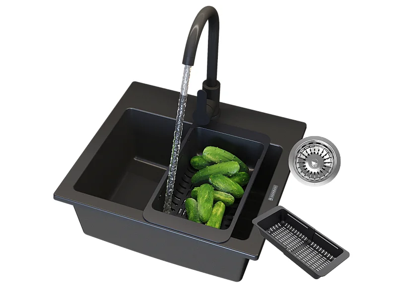 ÉVIER EN GRANIT ROBINET DE CUISINE NOIR PANIER SIPHON CHROME GRANITAN TEOR