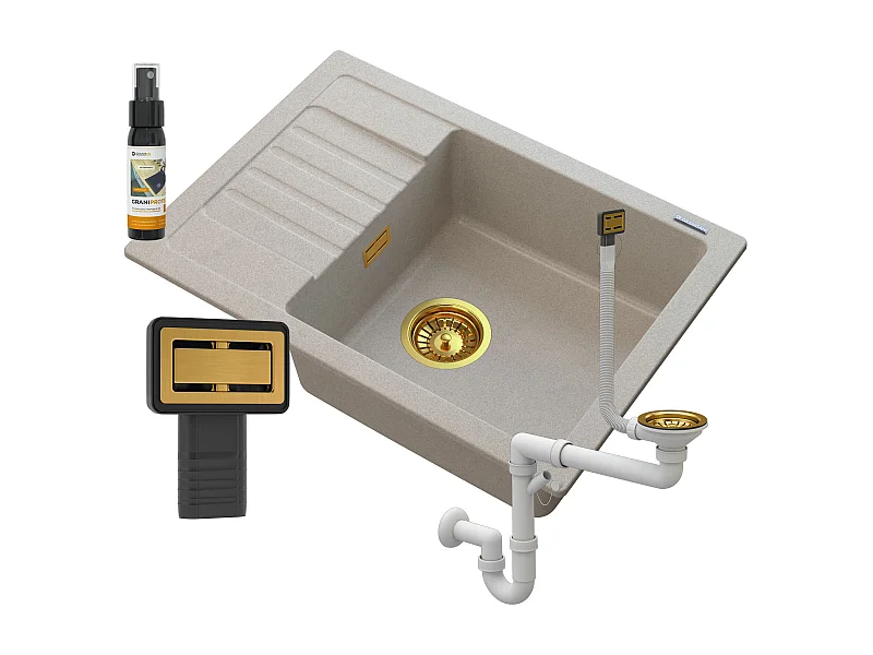 ÉVIER EN GRANIT BEIGE ARGOS + SIPHON SQUARE GOLD