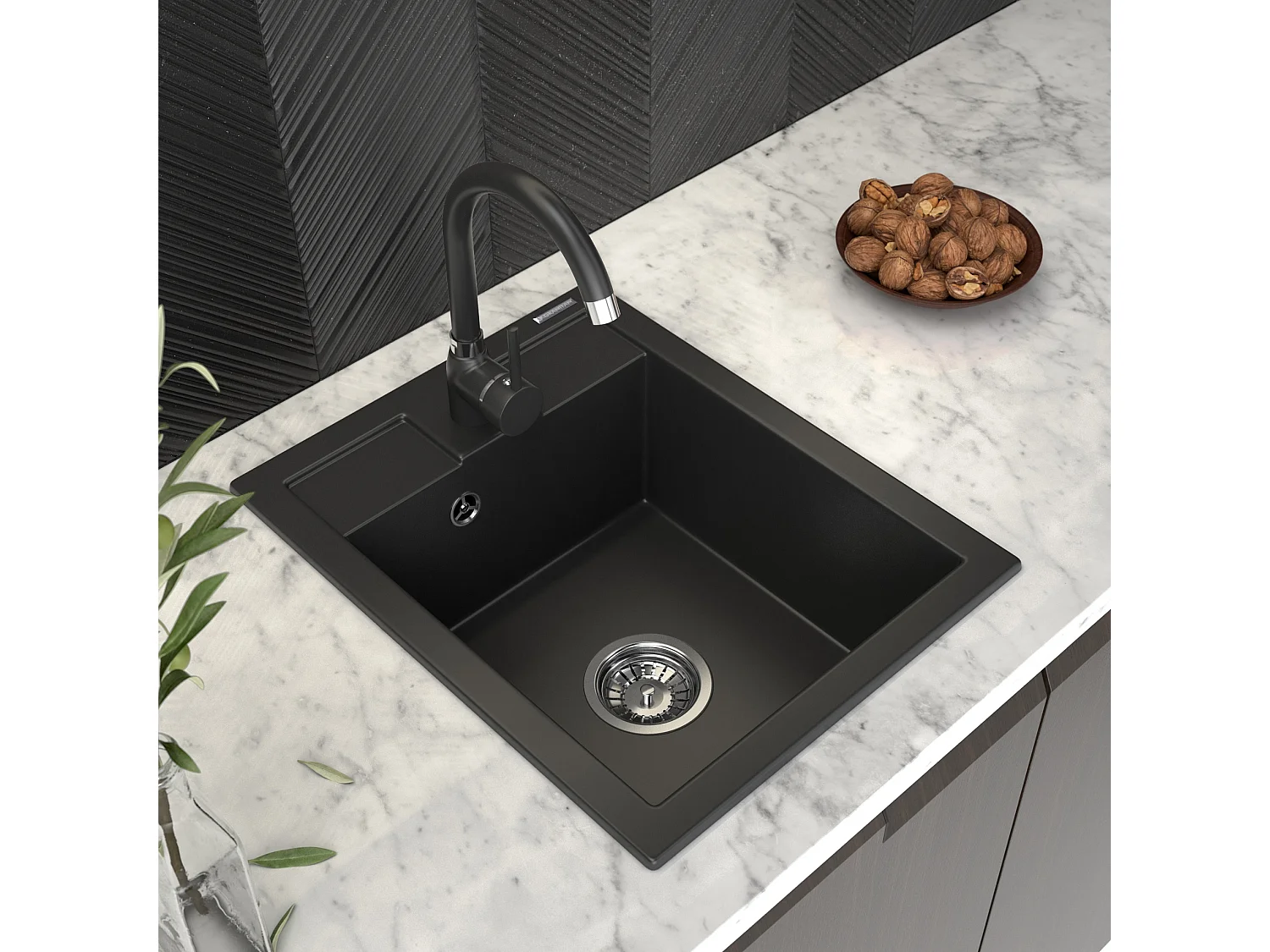 ÉVIER EN GRANIT NOIR + SIPHON SAMOS CHROME