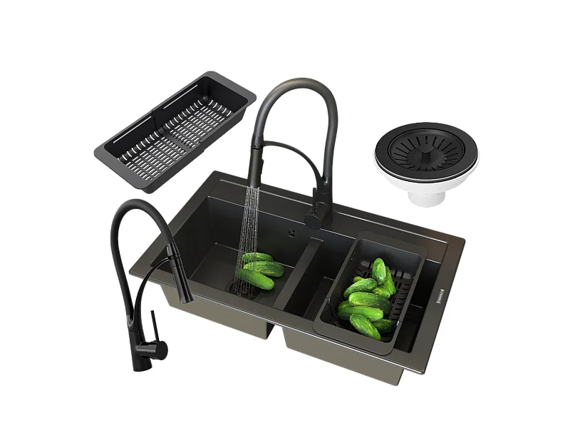 ÉVIER DOUBLE GRANIT DUET MITIGEUR SIPHON PANIER NOIR