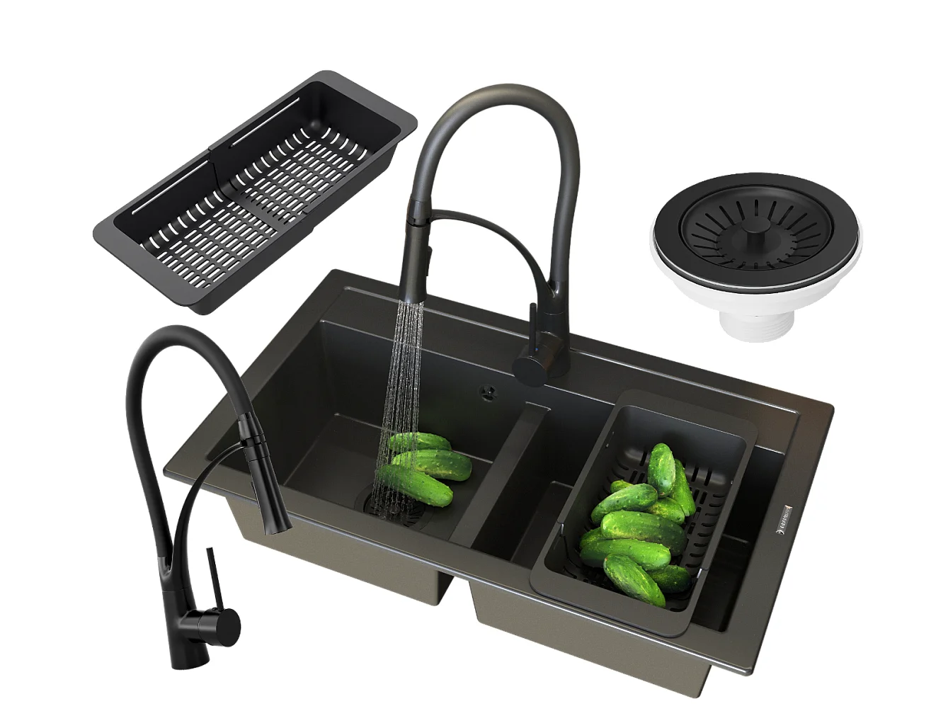 ÉVIER DOUBLE GRANIT DUET MITIGEUR SIPHON PANIER NOIR