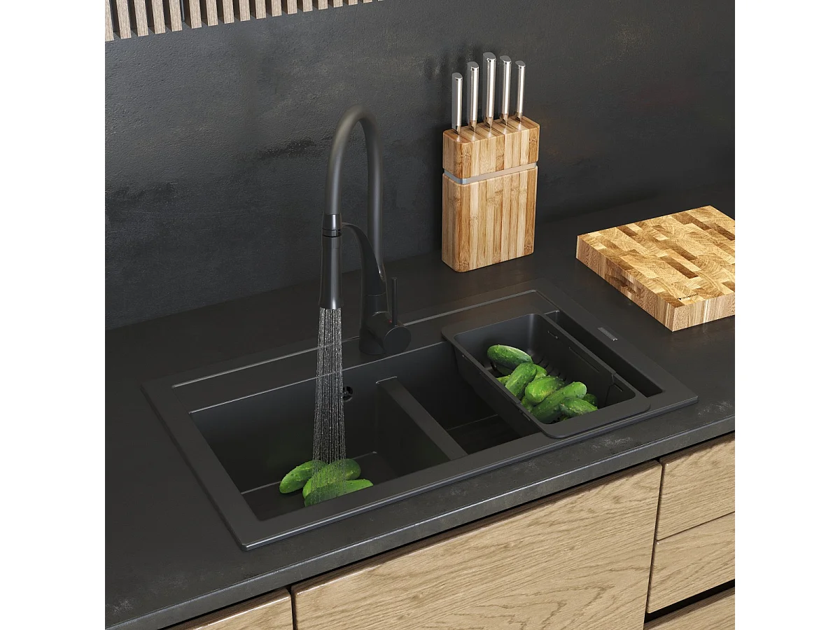 ÉVIER DOUBLE GRANIT DUET MITIGEUR SIPHON PANIER NOIR