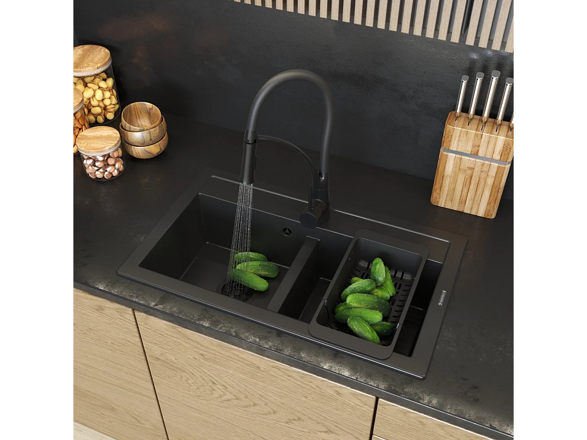 ÉVIER DOUBLE GRANIT DUET MITIGEUR SIPHON PANIER NOIR