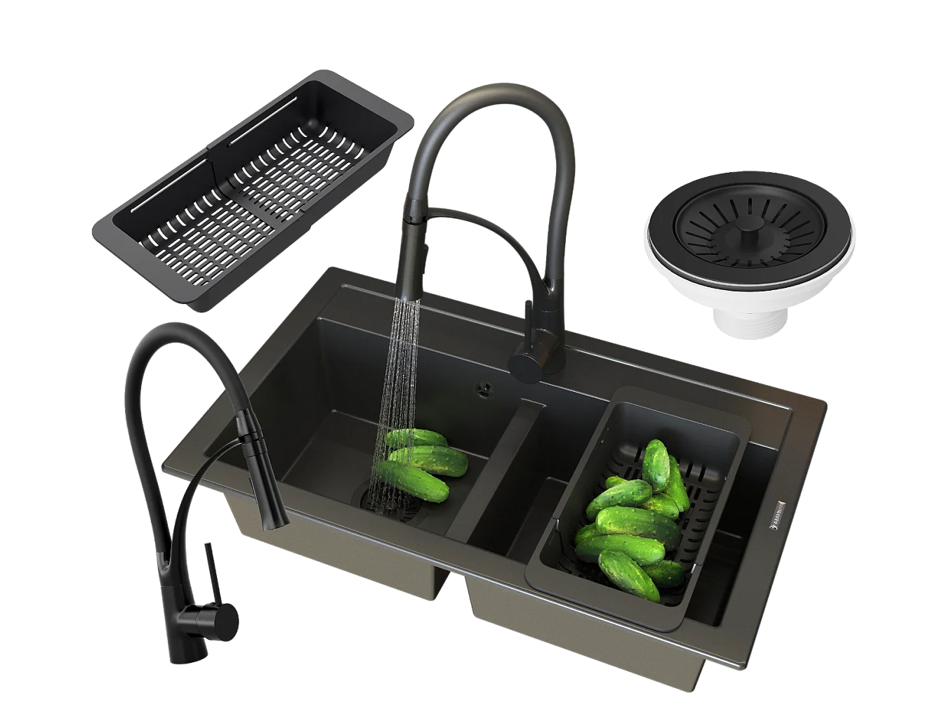 ÉVIER DOUBLE GRANIT DUET MITIGEUR SIPHON PANIER NOIR