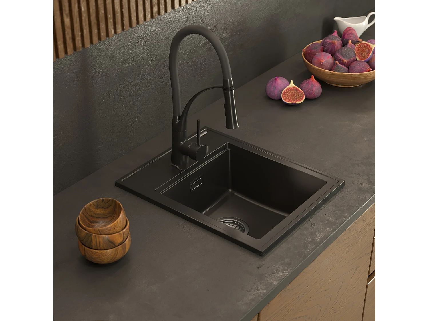 ÉVIER EN GRANIT SET DE ROBINETTERIE NOIR ALOR SIPHON