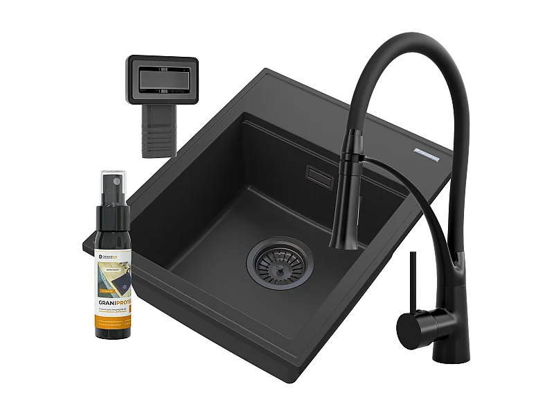 ÉVIER EN GRANIT SET DE ROBINETTERIE NOIR ALOR SIPHON