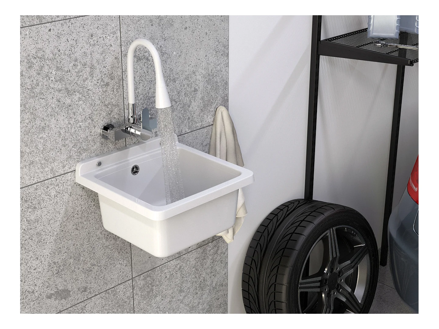 ÉVIER UTILITAIRE CUVE TECHNIQUE GARAGE BLANC ORTA ROBINETTERIE MURALE