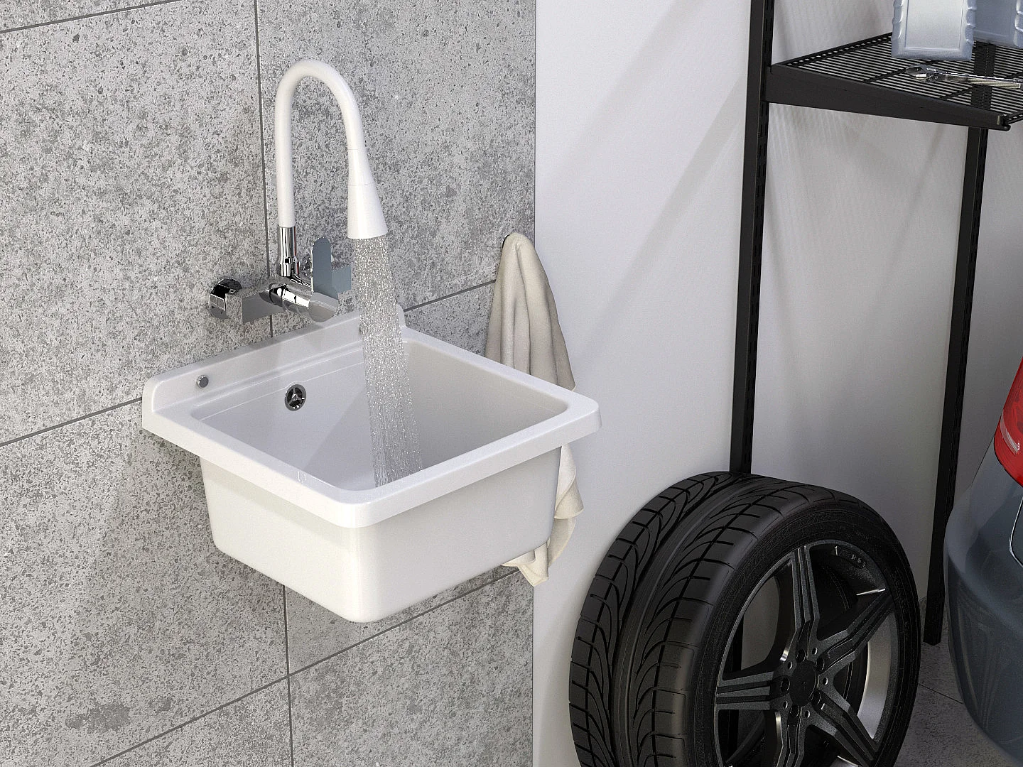 ÉVIER UTILITAIRE CUVE TECHNIQUE GARAGE BLANC ORTA ROBINETTERIE MURALE