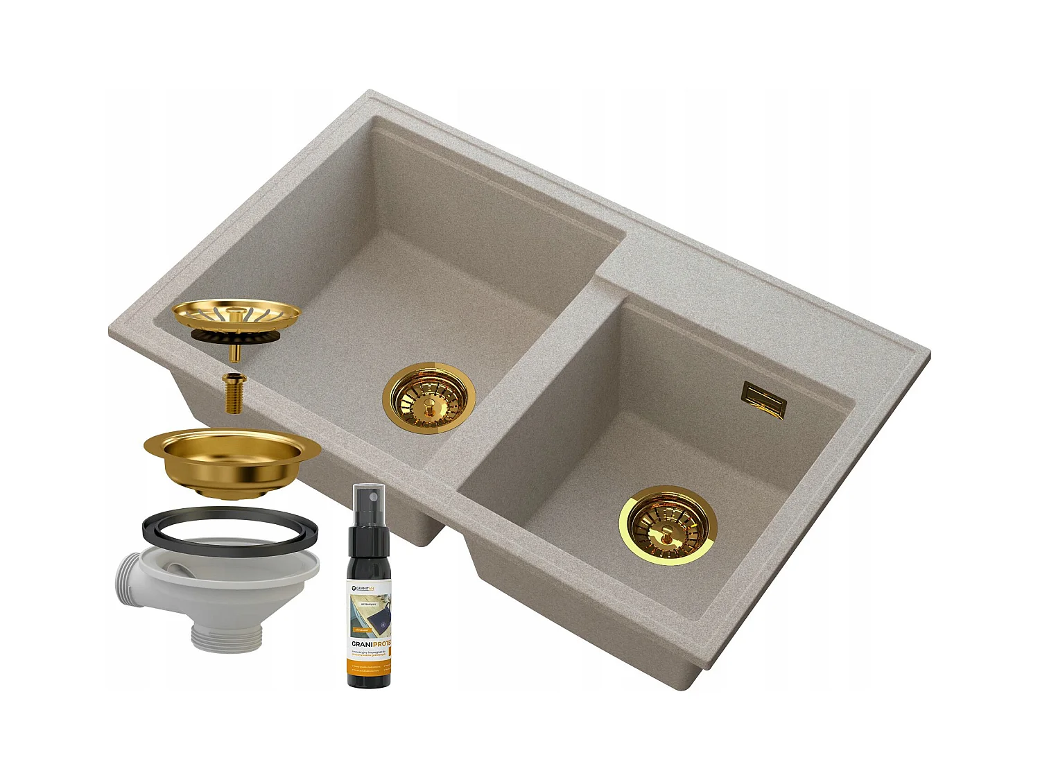 ÉVIER EN GRANIT BEIGE 2 COMPARTIMENTS SIPHON GOLDEN HECTOR