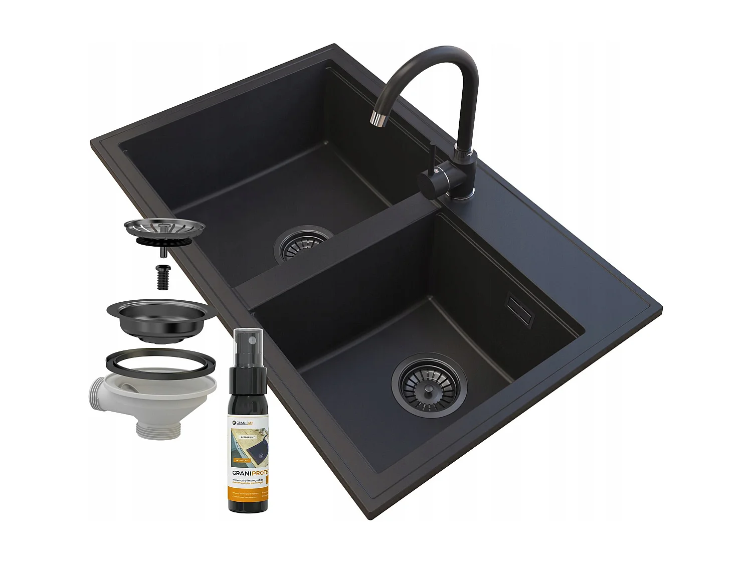 ÉVIER EN GRANIT ROBINET SIPHON NOIR HECTOR NOIR