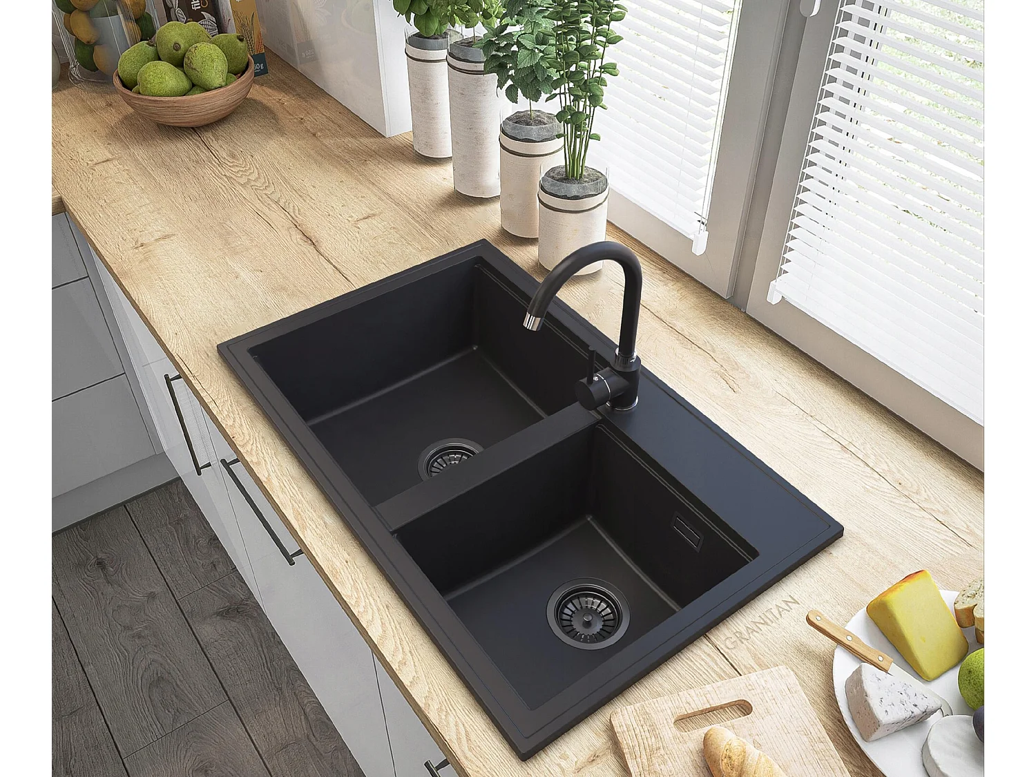 ÉVIER EN GRANIT ROBINET SIPHON NOIR HECTOR NOIR