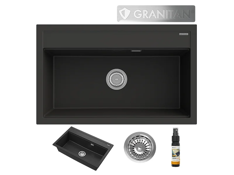 ÉVIER GRANITE NOIR GRAND BAC CUISINE SIPHON CHROME ASTI