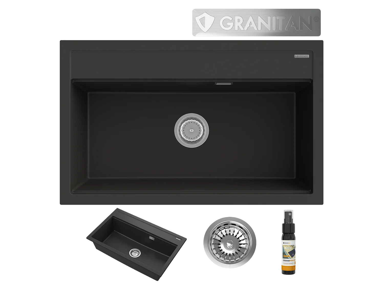 ÉVIER GRANITE NOIR GRAND BAC CUISINE SIPHON CHROME ASTI