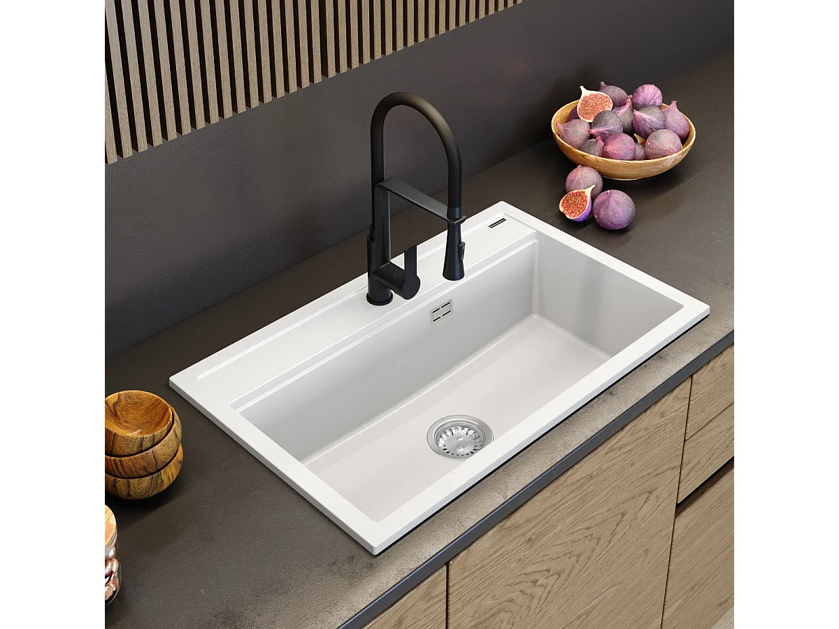 ÉVIER GRANITE NOIR GRAND BAC CUISINE SIPHON CHROME ASTI