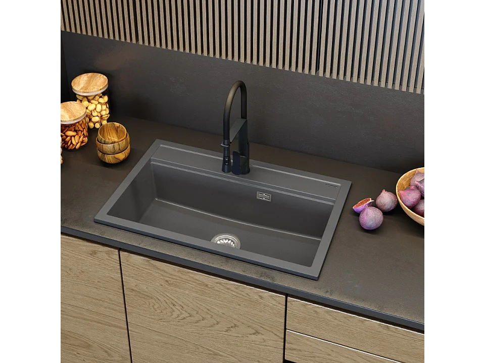 ÉVIER GRANITE NOIR GRAND BAC CUISINE SIPHON CHROME ASTI